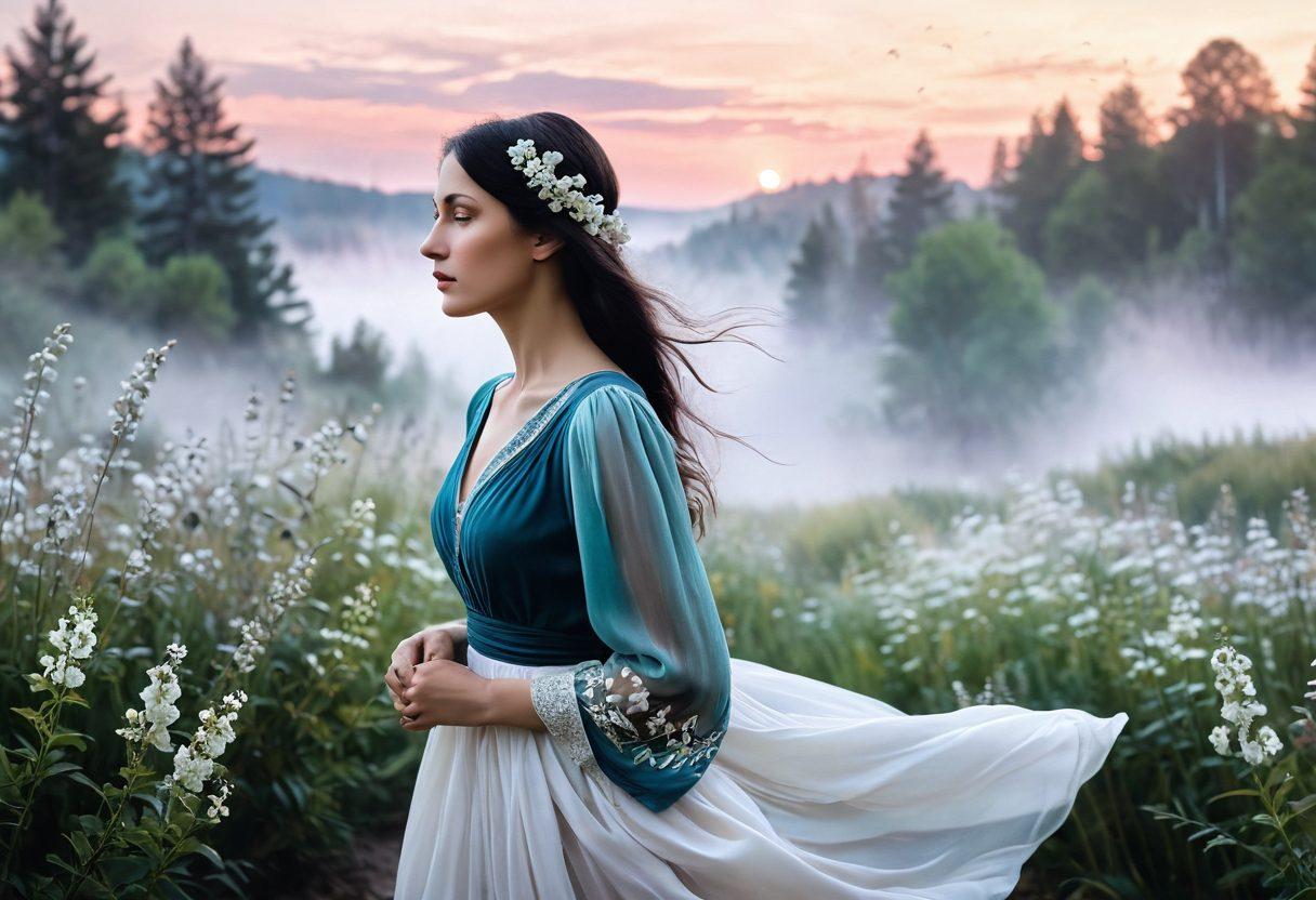 A dreamy landscape representing the essence of Russian poetry, featuring a silhouette of Anna Akhmatova against a backdrop of swirling fog and soft pastel colors. Incorporate elements of nature like blooming flowers and gentle streams, symbolizing glimmers of elation and artistic expression. Use flowing lines to convey movement and emotion, enhancing the poetic atmosphere. super-realistic. ethereal colors. dreamy ambiance.
