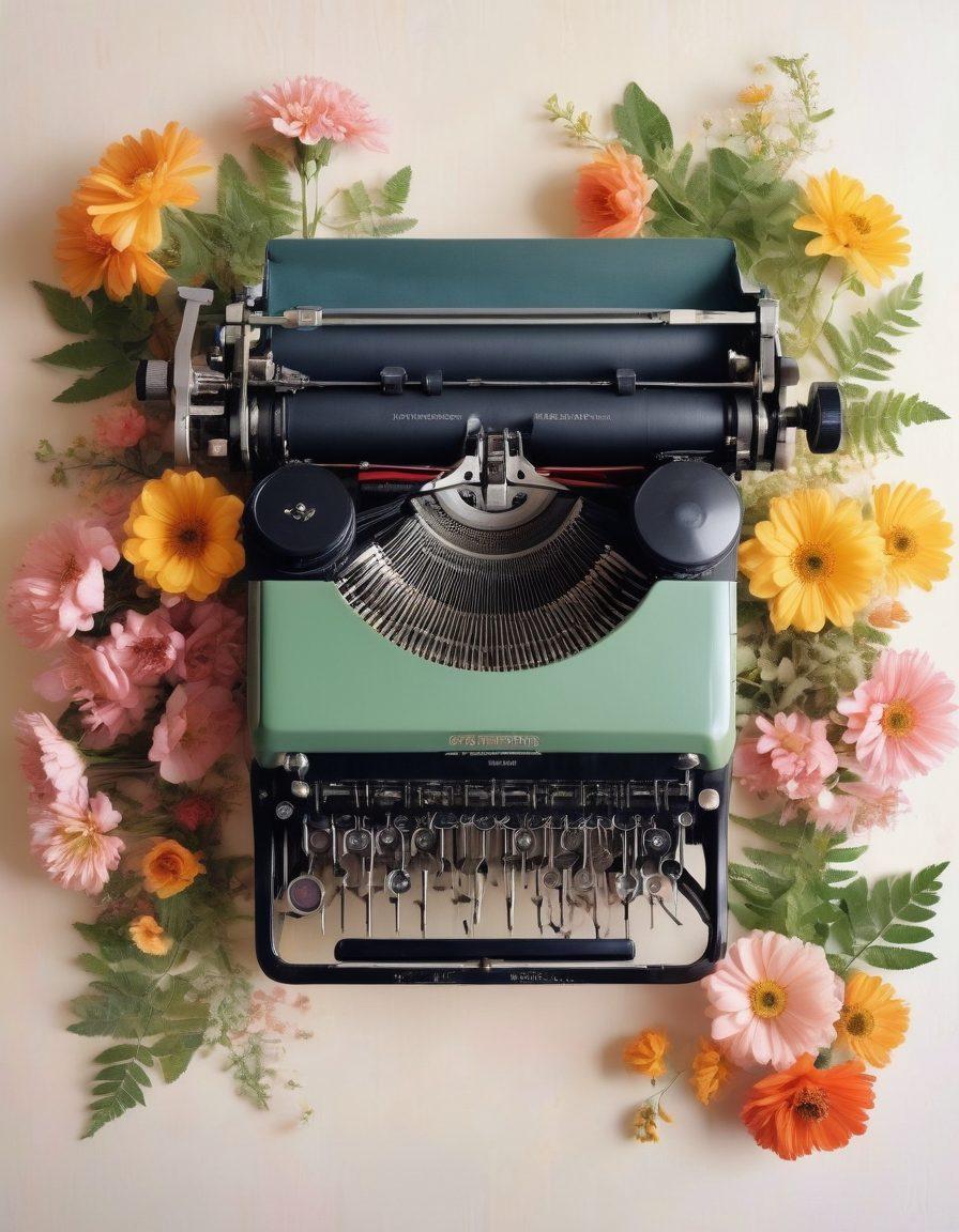 A serene setting with a vintage typewriter surrounded by blooming flowers, symbolizing Anna Akhmatova's poetic beauty. The background features soft pastel colors with flowing musical notes dancing in the air, representing the lyrical essence of her work. Include a warm glow of sunlight filtering through leaves, creating an ambiance of joy and inspiration. Super-realistic. Vibrant colors.