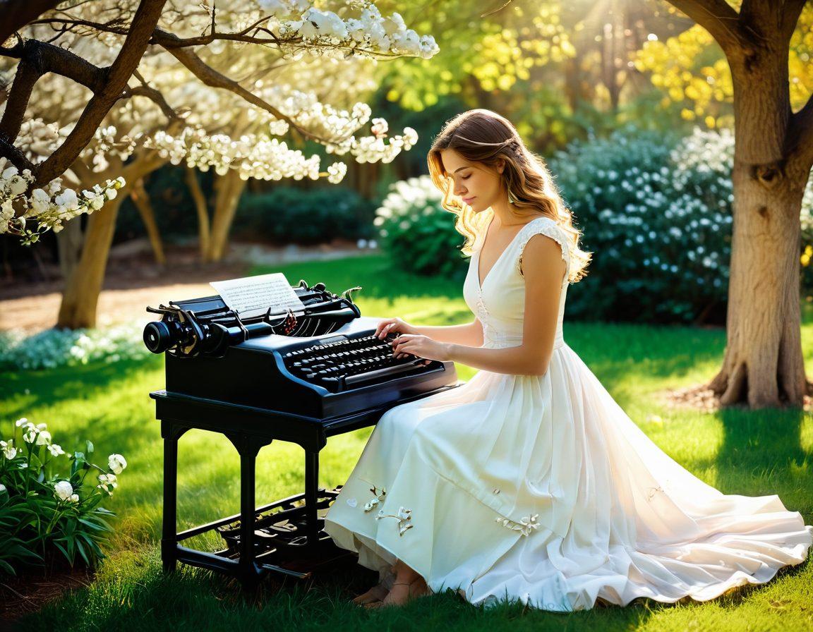 A serene, blossoming garden representing emotion and creativity, with a vintage typewriter surrounded by scattered handwritten stanzas of poetry floating in the air. Soft, warm sunlight filtering through the trees, highlighting a woman in a flowing dress contemplating her words. Evoke a sense of joy and inspiration. painterly style. vibrant colors. dreamy atmosphere.